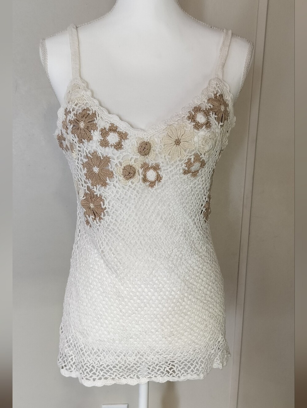 INC International Concepts Ivory Crochet Camisole with Beige Floral Accents